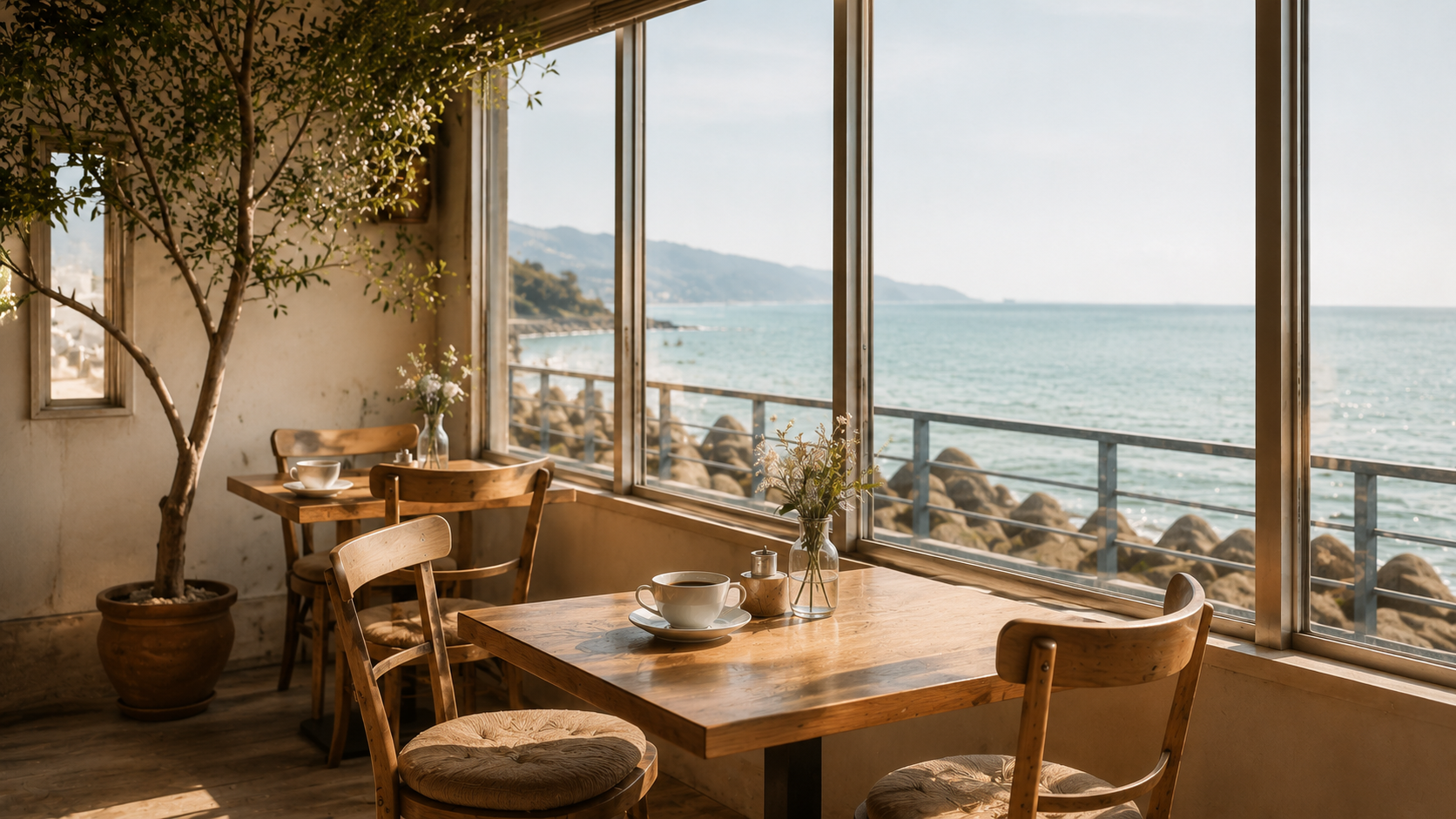 海を背景にしたCafé Tのテーブル席