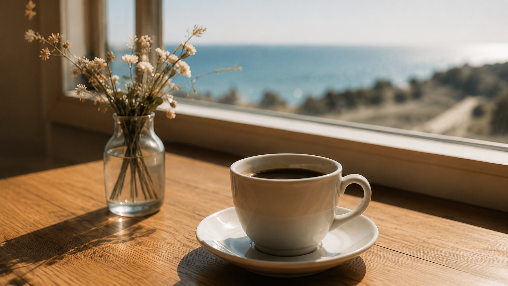 海の見える窓辺に置かれた丁寧に淹れたコーヒー