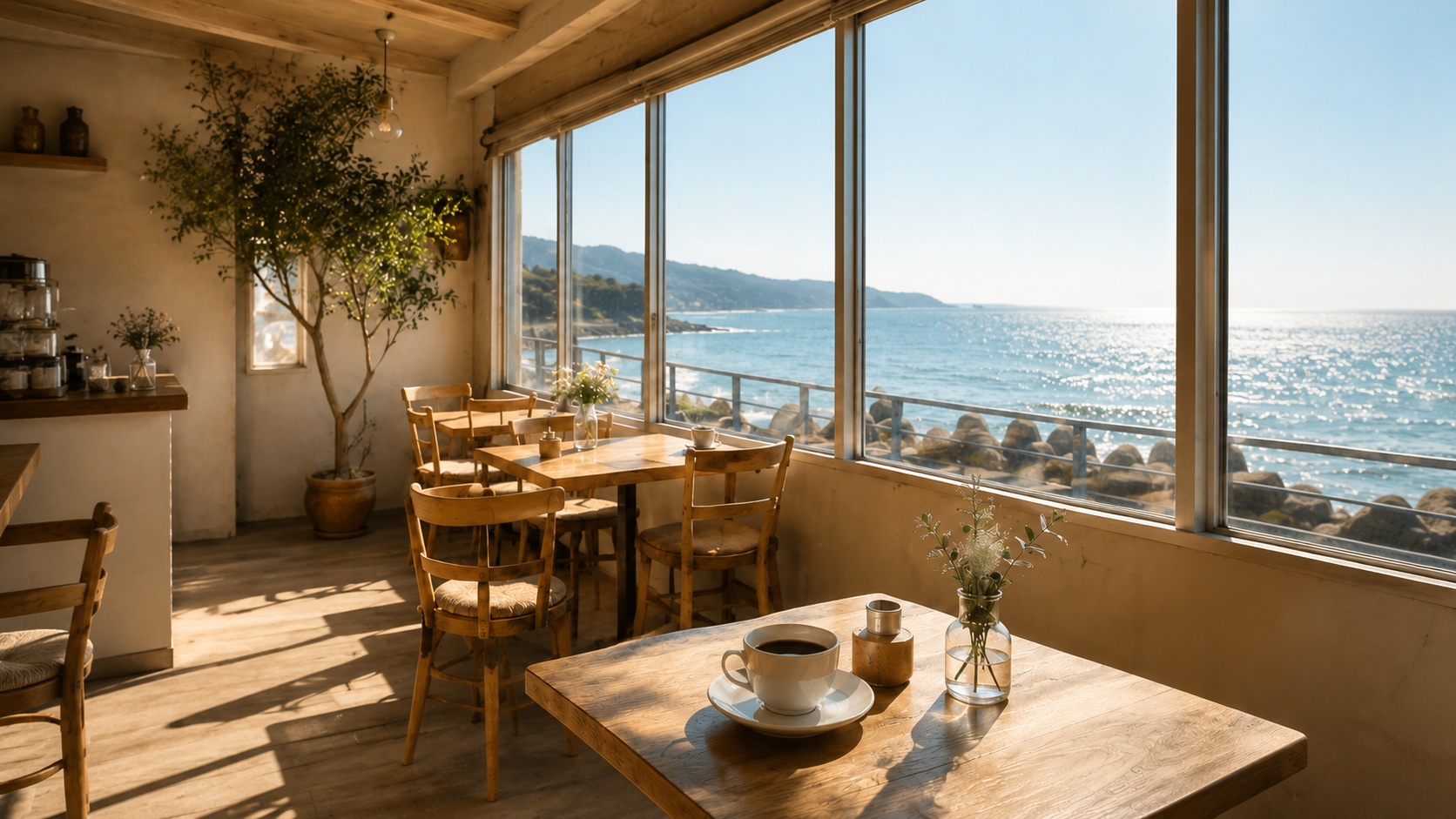 昼の海を望むCafé Tの明るい店内