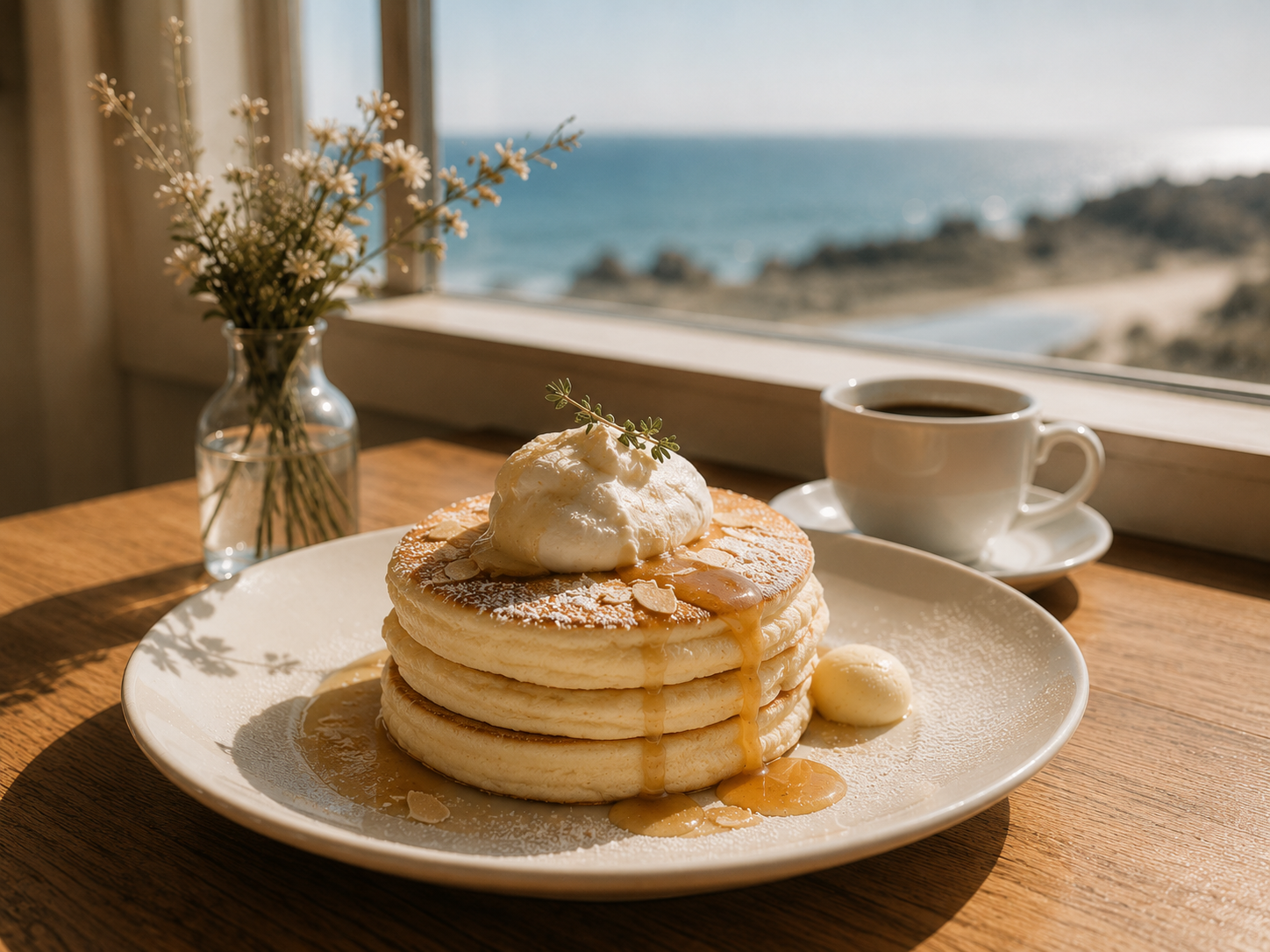 白い食器に盛られたふんわりとしたパンケーキ